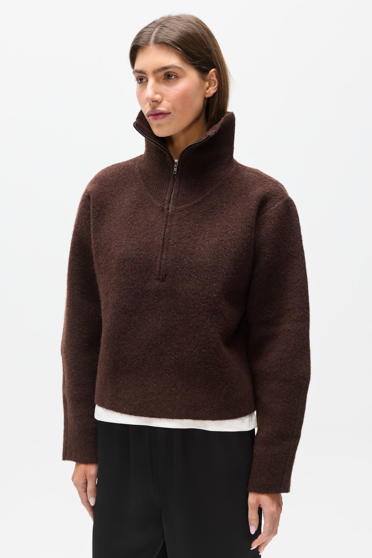 Riva Brushed Knit Quarter Zip in Chocolate, view 3, Bayse Brand