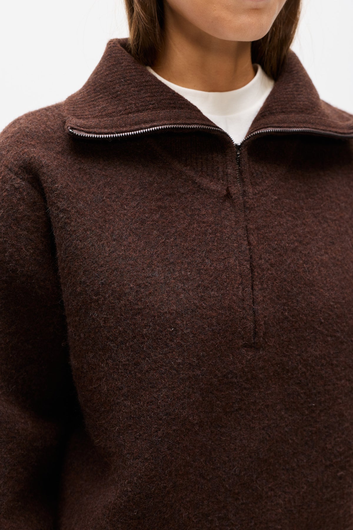 Riva Brushed Knit Quarter Zip in Chocolate, view 2, Bayse Brand