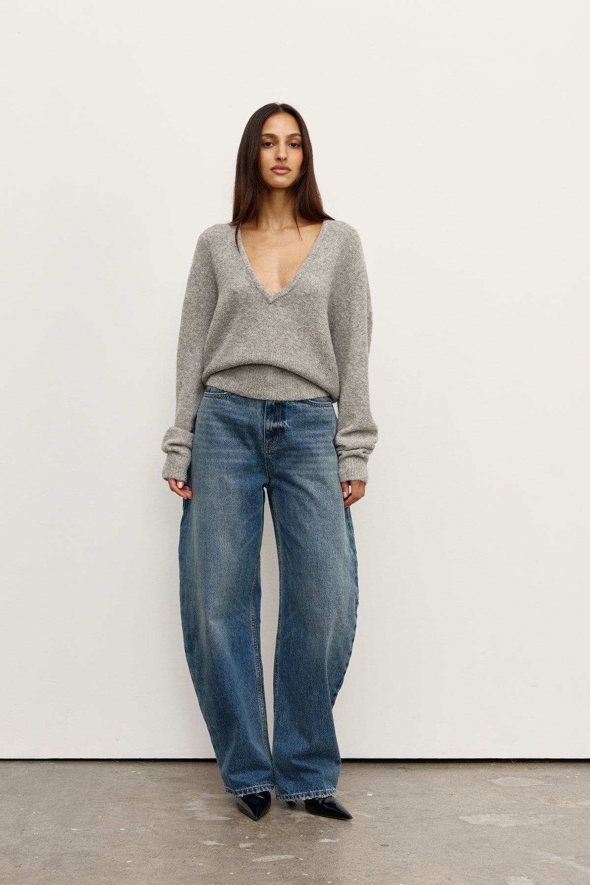 Sonia Boucle V Neck Knit in Light Grey, view 1, Bayse Brand
