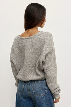 Sonia Boucle V Neck Knit in Light Grey, view 4, Bayse Brand