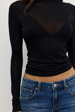 Stevie Sheer Knit Long Sleeve Top in Black, view 2, Bayse Brand