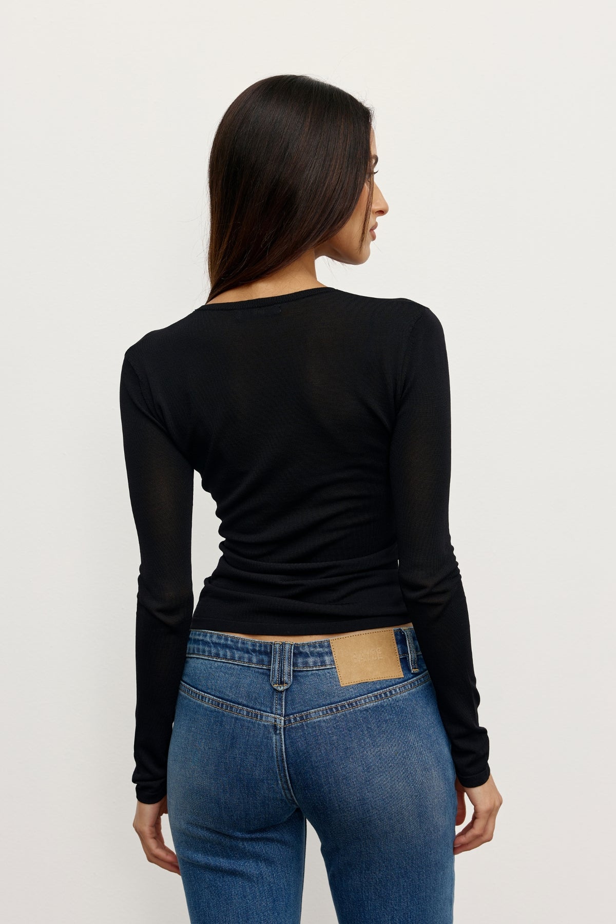 Stevie Sheer Knit Long Sleeve Top in Black, view 4, Bayse Brand