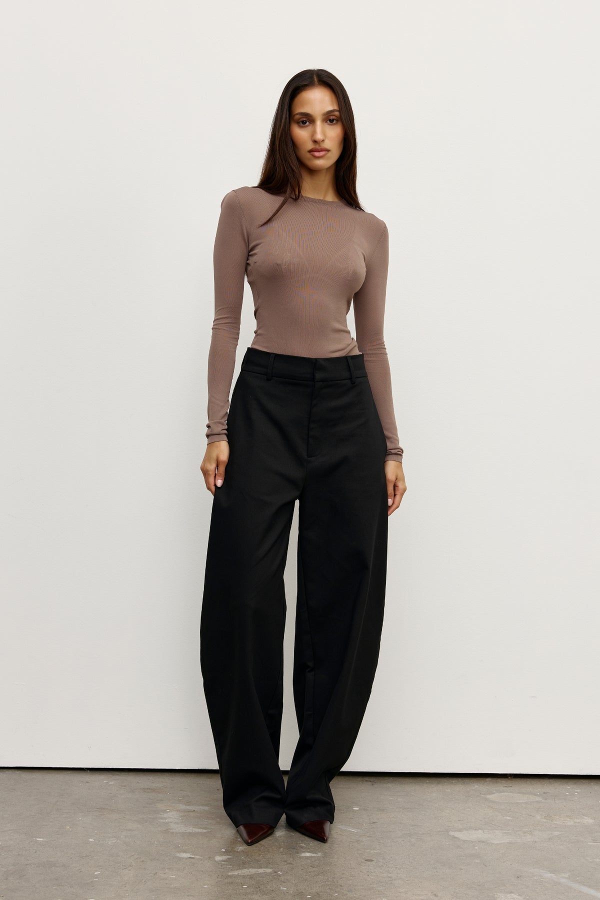 Stevie Sheer Knit Long Sleeve Top in Mouse Grey, view 1, Bayse Brand