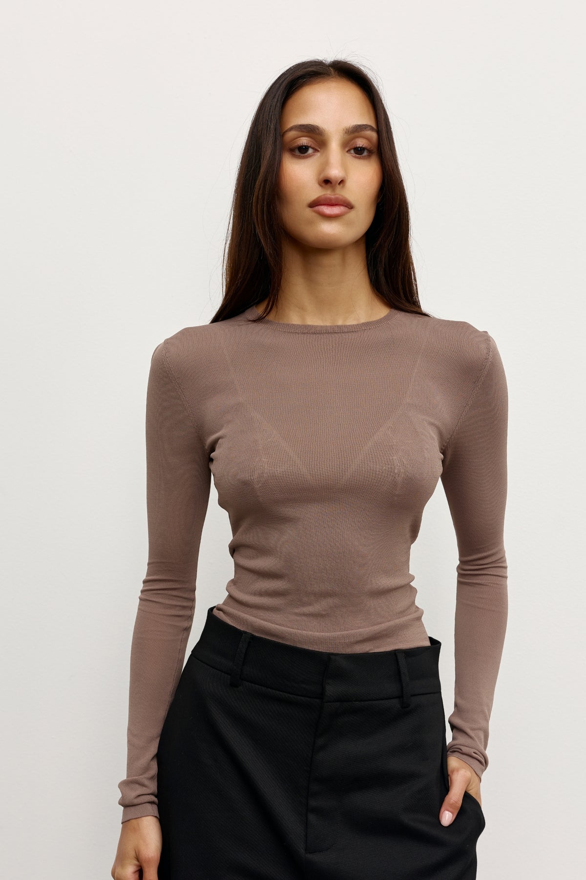 Stevie Sheer Knit Long Sleeve Top in Mouse Grey, view 3, Bayse Brand
