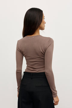 Stevie Sheer Knit Long Sleeve Top in Mouse Grey, view 4, Bayse Brand
