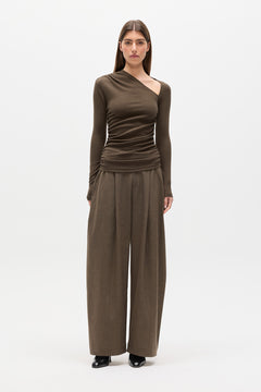 Sami Asymmetric Ruched Jersey Top in Cedar, view 1, Bayse Brand