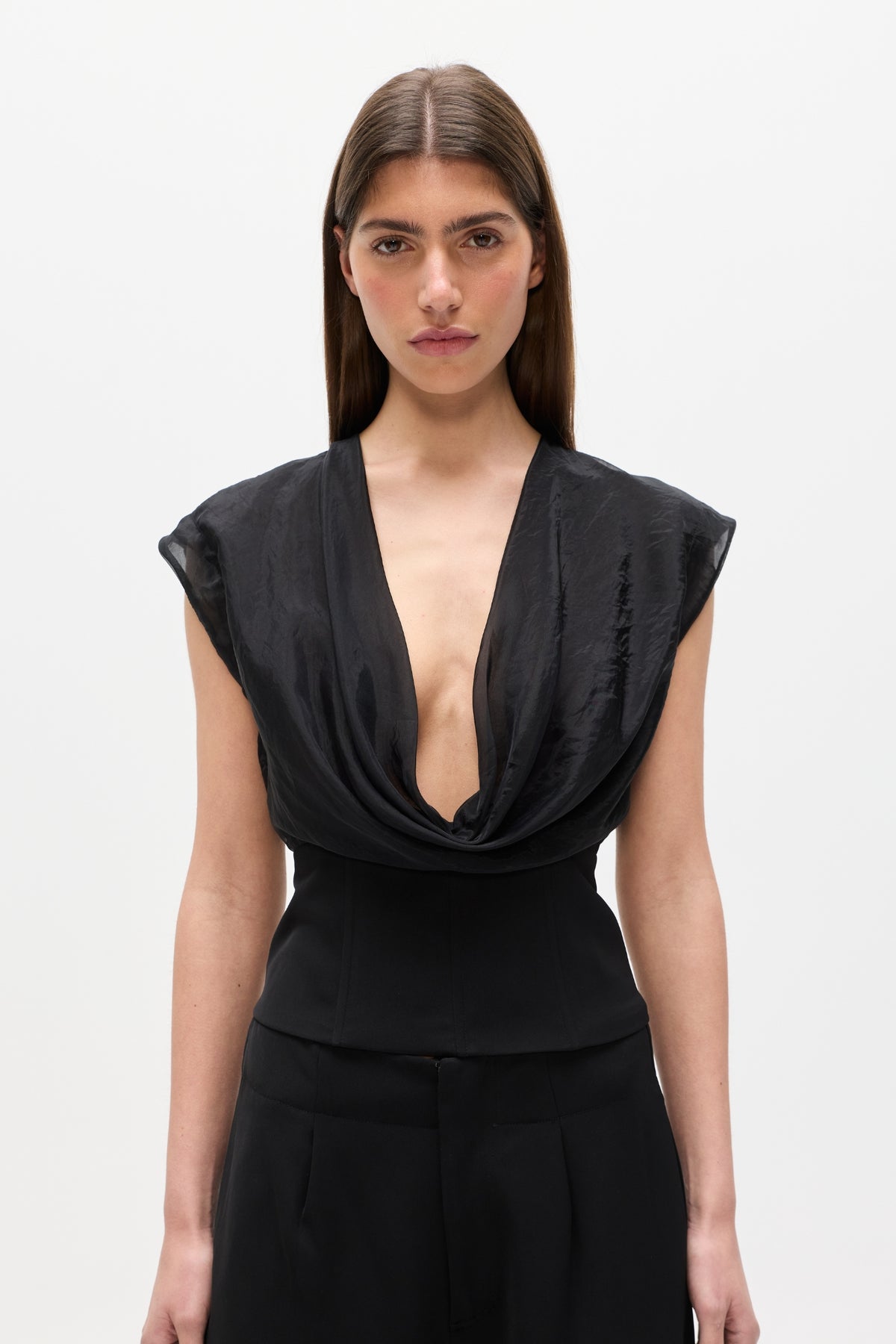Tessie Cowl Neck Boned Top in Black, view 2, Bayse Brand
