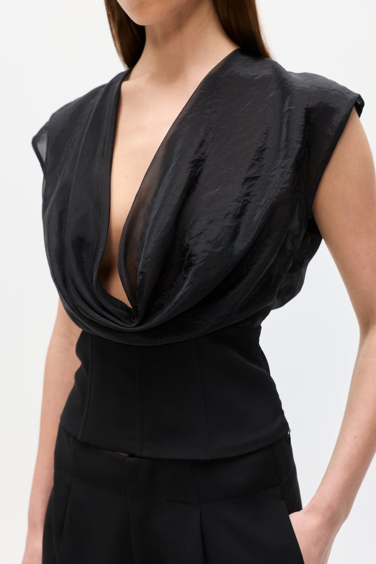 Tessie Cowl Neck Boned Top in Black, view 3, Bayse Brand