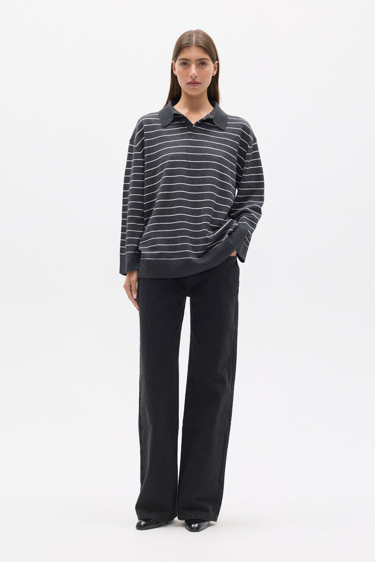 TINA KNIT POLO - GREY STRIPES