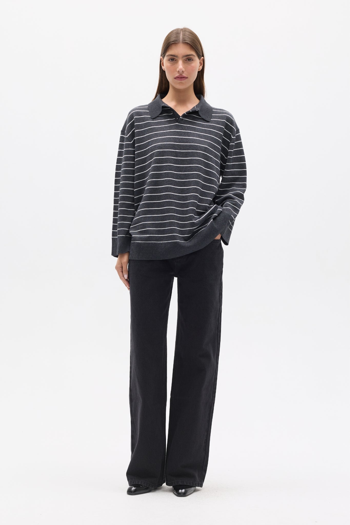 TINA KNIT POLO - GREY STRIPE