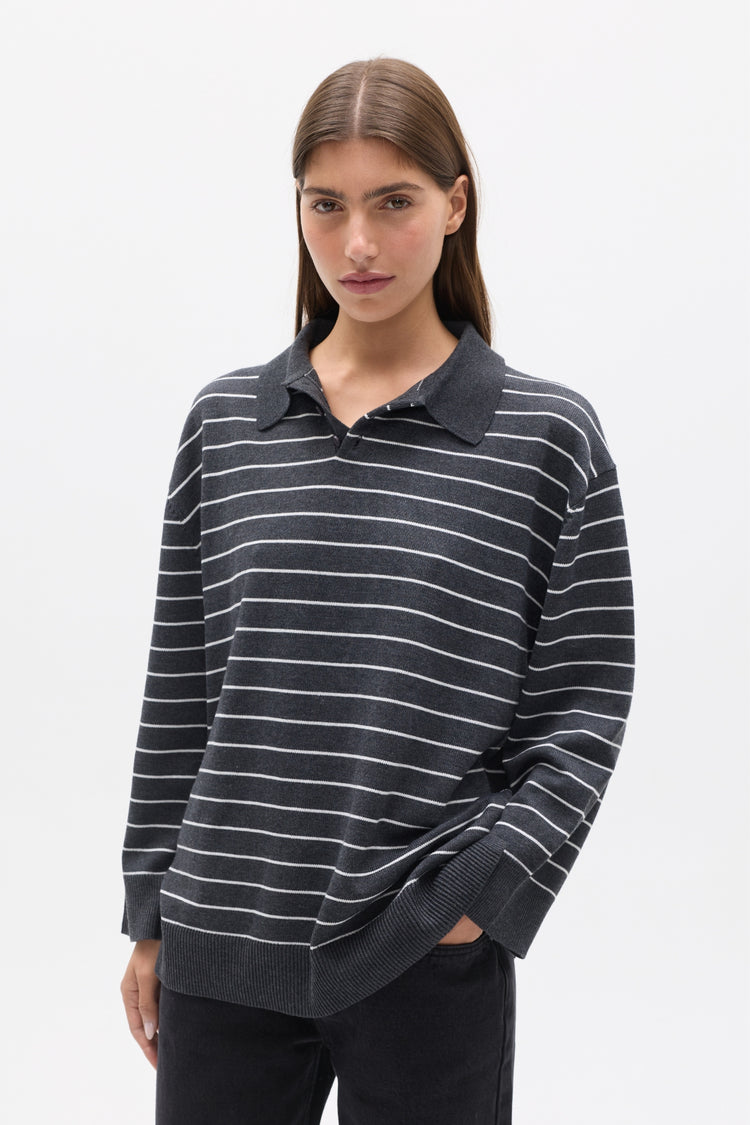 TINA KNIT POLO - GREY STRIPES
