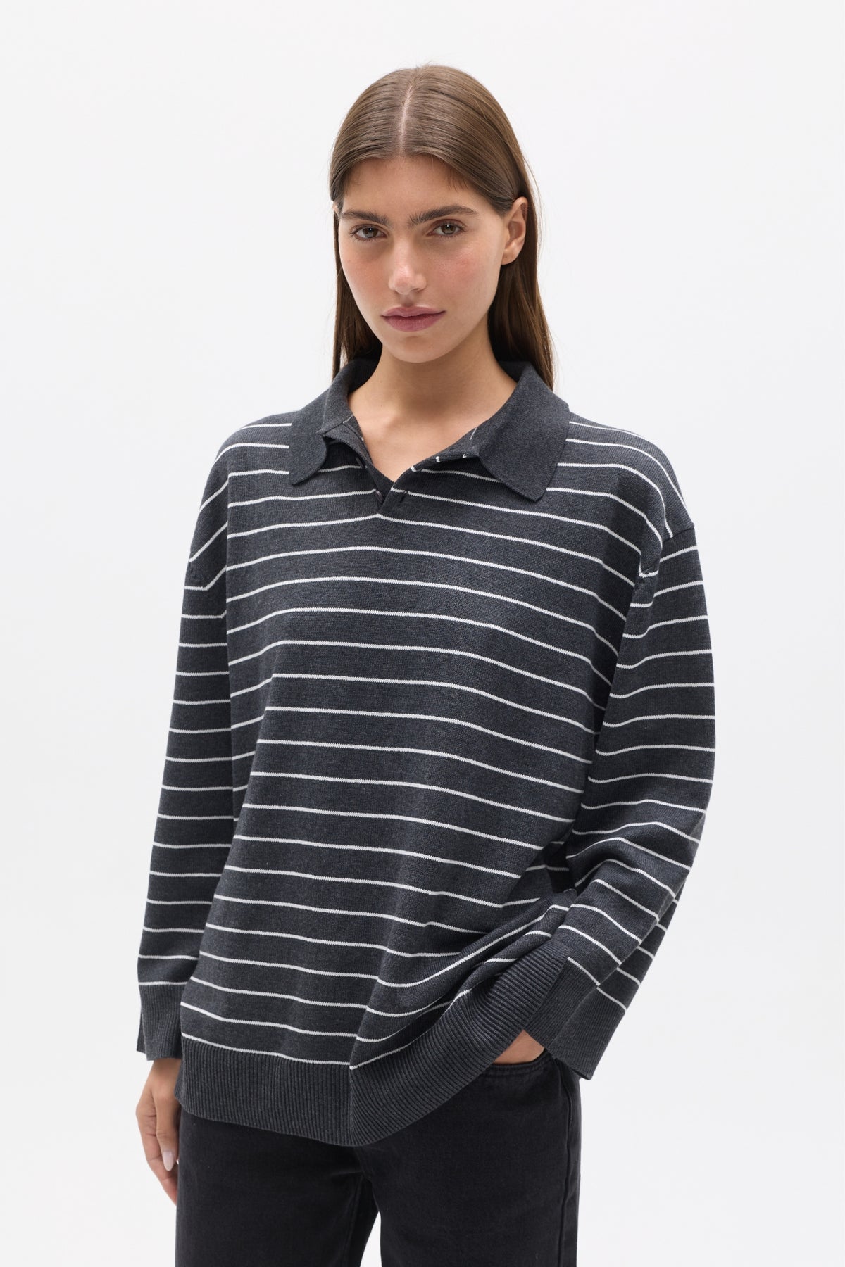 TINA KNIT POLO - GREY STRIPE