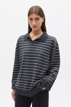 TINA KNIT POLO - GREY STRIPE