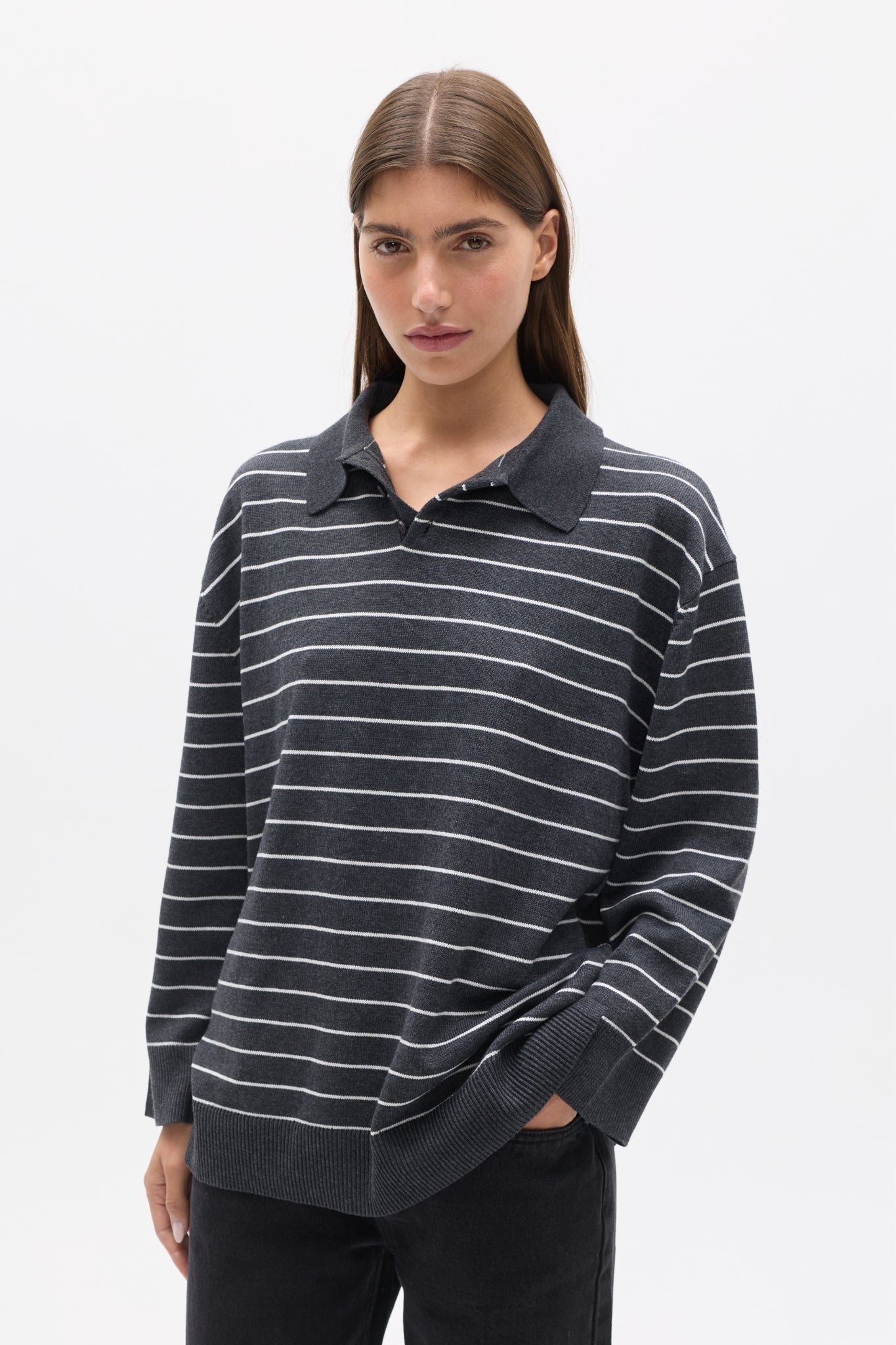 TINA KNIT POLO - GREY STRIPE