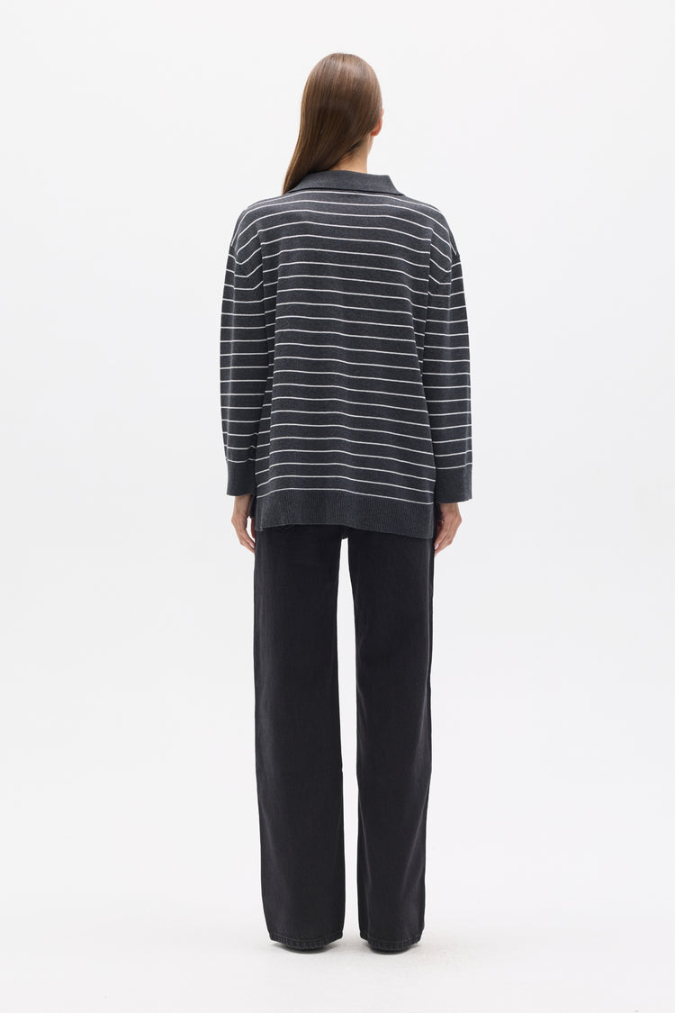 TINA KNIT POLO - GREY STRIPES