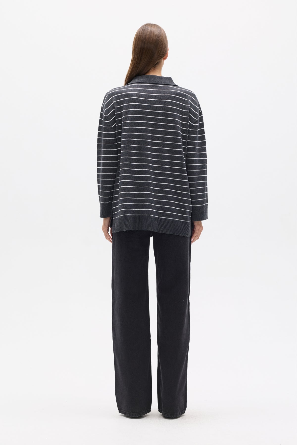 TINA KNIT POLO - GREY STRIPE