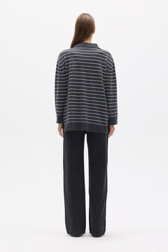 TINA KNIT POLO - GREY STRIPE