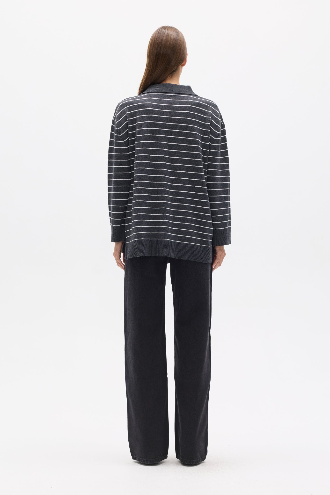 TINA KNIT POLO - GREY STRIPE
