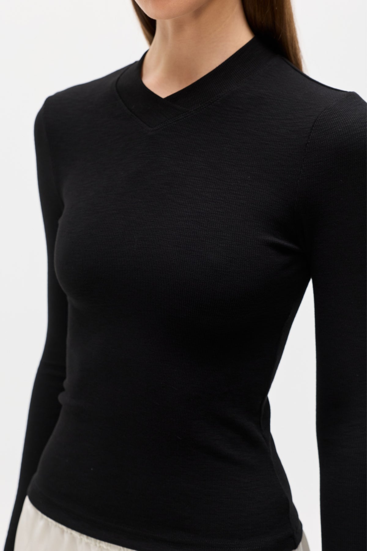 Tinka Ribbed V Neck Long Sleeve Tee in Black, view 2, Bayse Brand