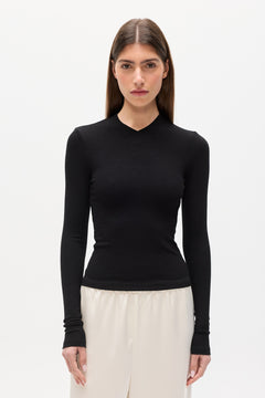 Tinka Ribbed V Neck Long Sleeve Tee in Black, view 3, Bayse Brand