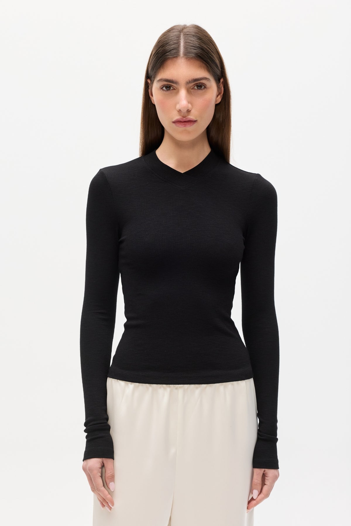 Tinka Ribbed V Neck Long Sleeve Tee in Black, view 3, Bayse Brand