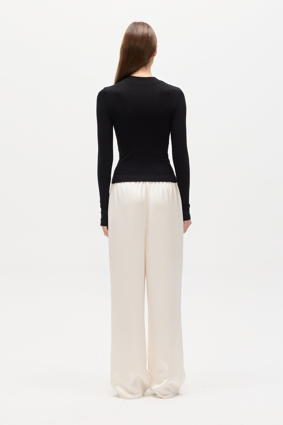 Tinka Ribbed V Neck Long Sleeve Tee in Black, view 4, Bayse Brand