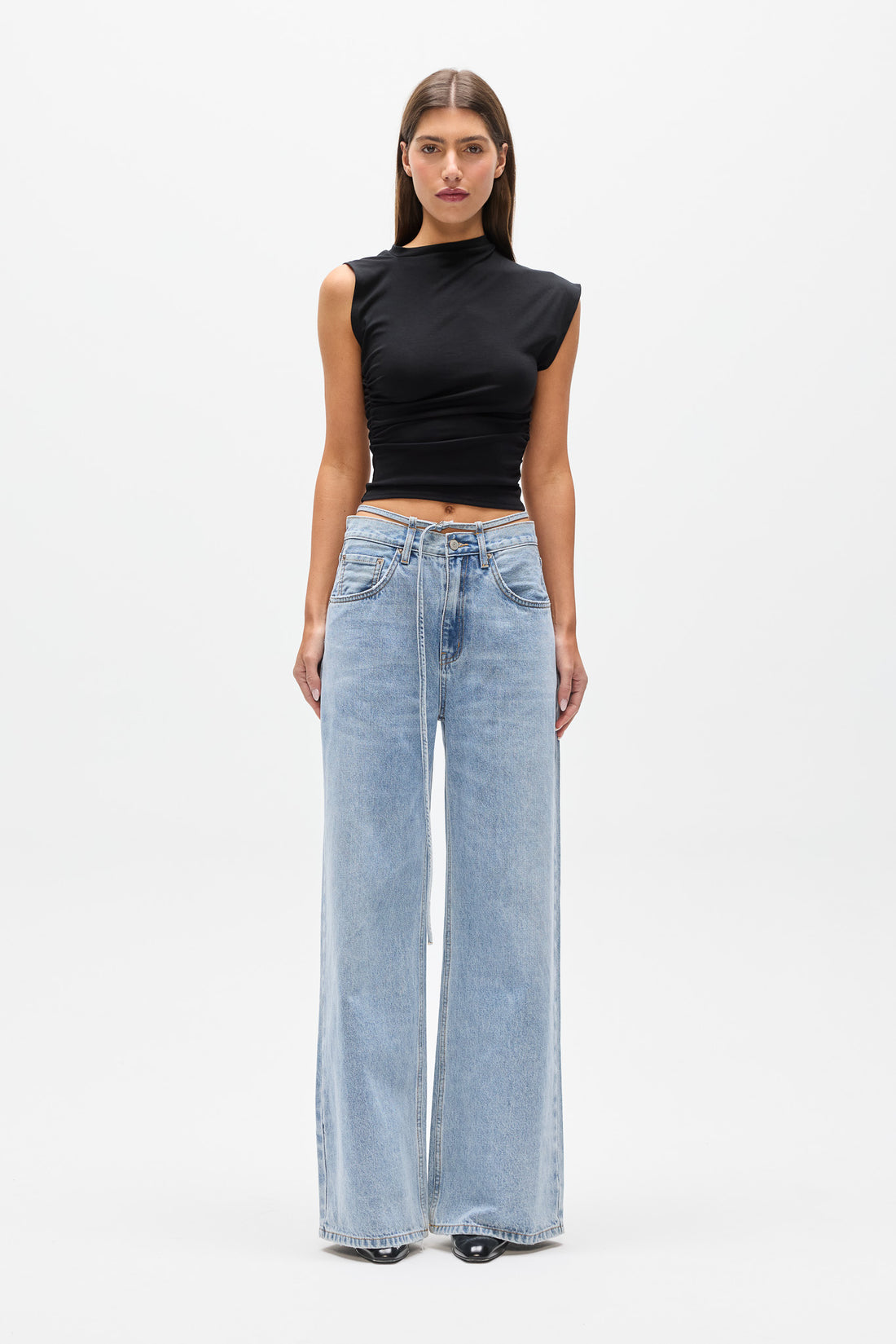 Sol Asymmetric Shoulder Top in Black, view 1, Bayse Brand