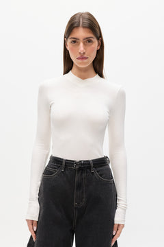 Tinka Ribbed V Neck Long Sleeve Tee in White, view 3, Bayse Brand