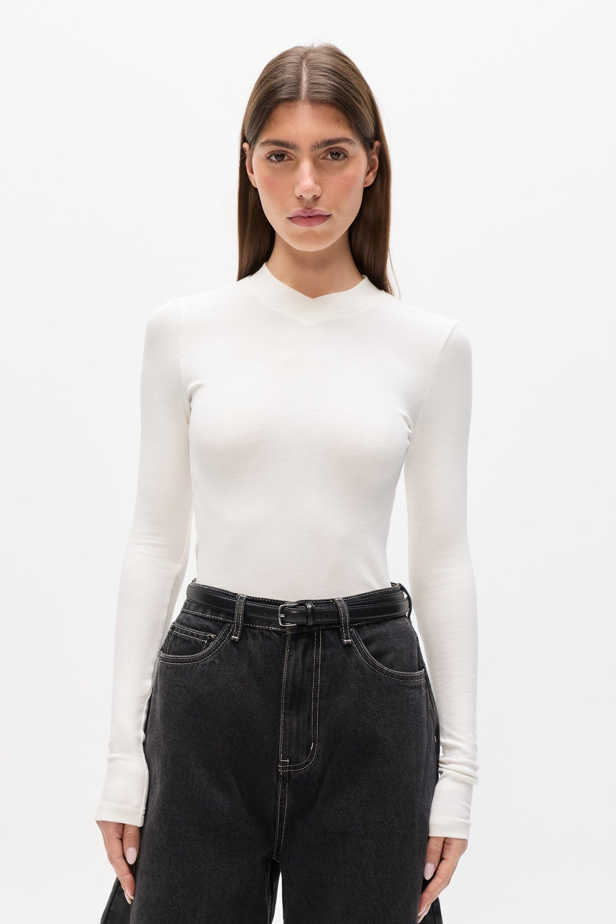 Tinka Ribbed V Neck Long Sleeve Tee in White, view 3, Bayse Brand