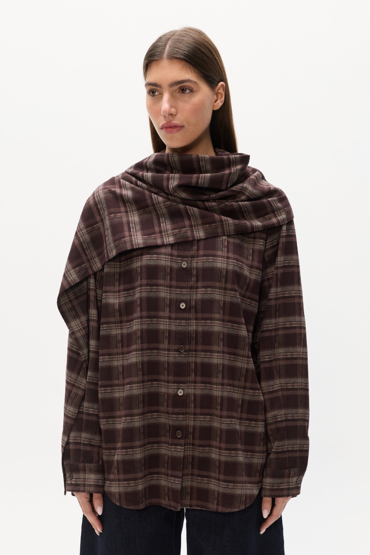 Vaughn Oversized Cape Shirt Set in Plaid, view 2, Bayse Brand