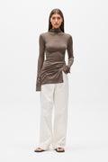 Xenia Asymmetric Long Sleeve Top in Mink, view 1, Bayse Brand