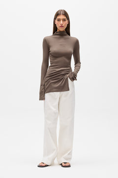 Xenia Asymmetric Long Sleeve Top in Mink, view 1, Bayse Brand