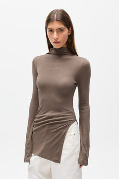 Xenia Asymmetric Long Sleeve Top in Mink, view 2, Bayse Brand