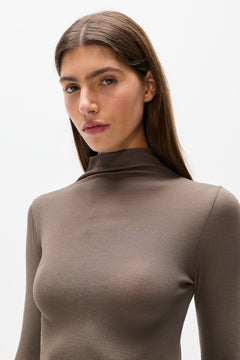 Xenia Asymmetric Long Sleeve Top in Mink, view 3, Bayse Brand