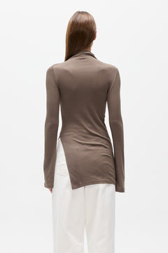 Xenia Asymmetric Long Sleeve Top in Mink, view 4, Bayse Brand