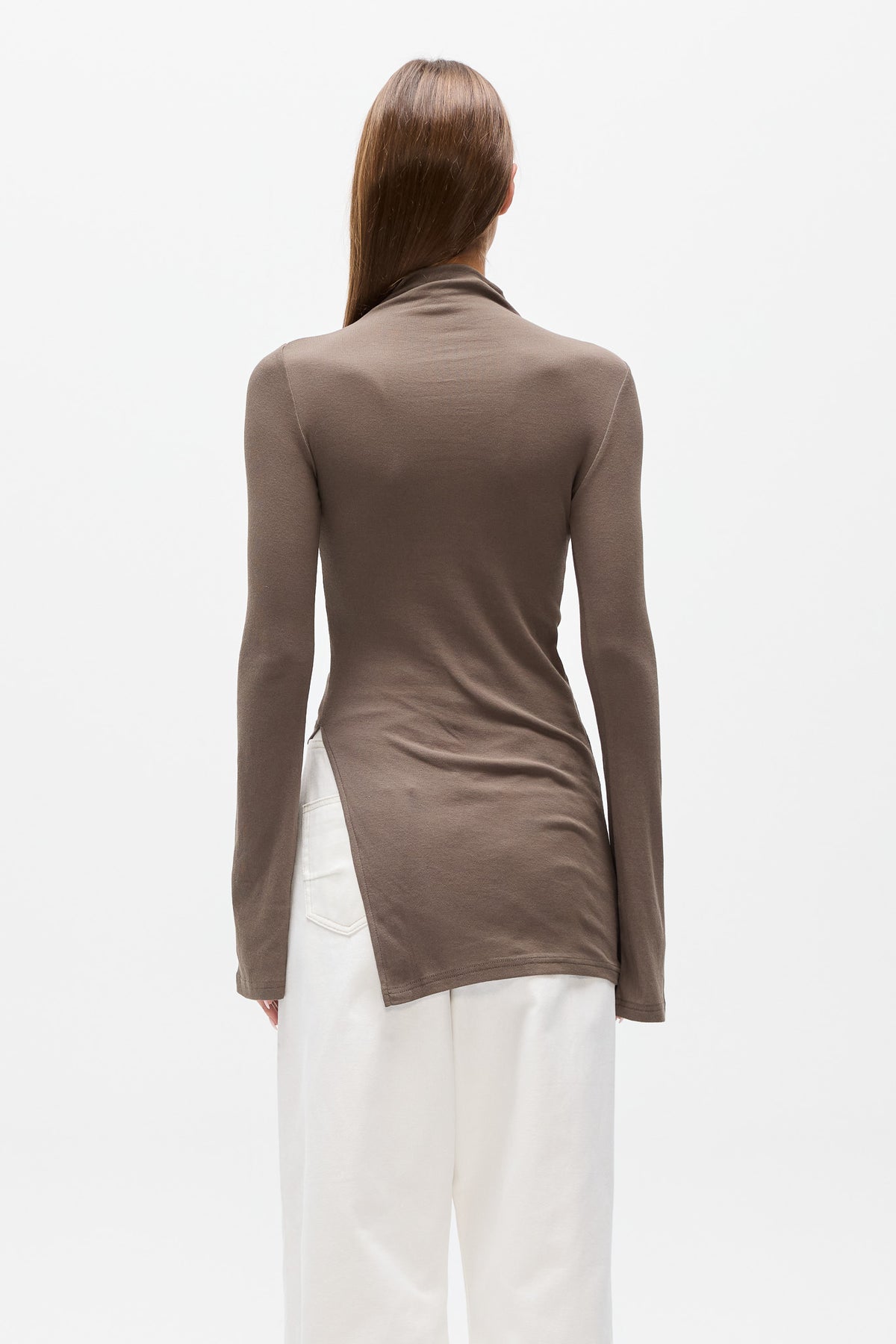 Xenia Asymmetric Long Sleeve Top in Mink, view 4, Bayse Brand