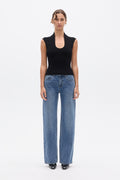 Zelia Standing Collar Scoop Neck Top in Black, view 1, Bayse Brand