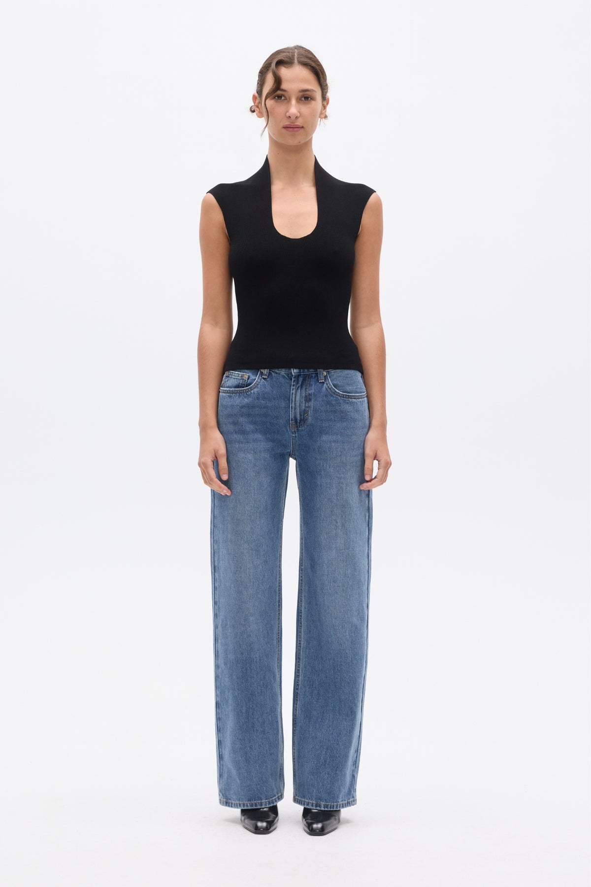 Zelia Standing Collar Scoop Neck Top in Black, view 1, Bayse Brand