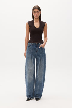 Zelia Standing Collar Scoop Neck Top in Coffee, view 1, Bayse Brand