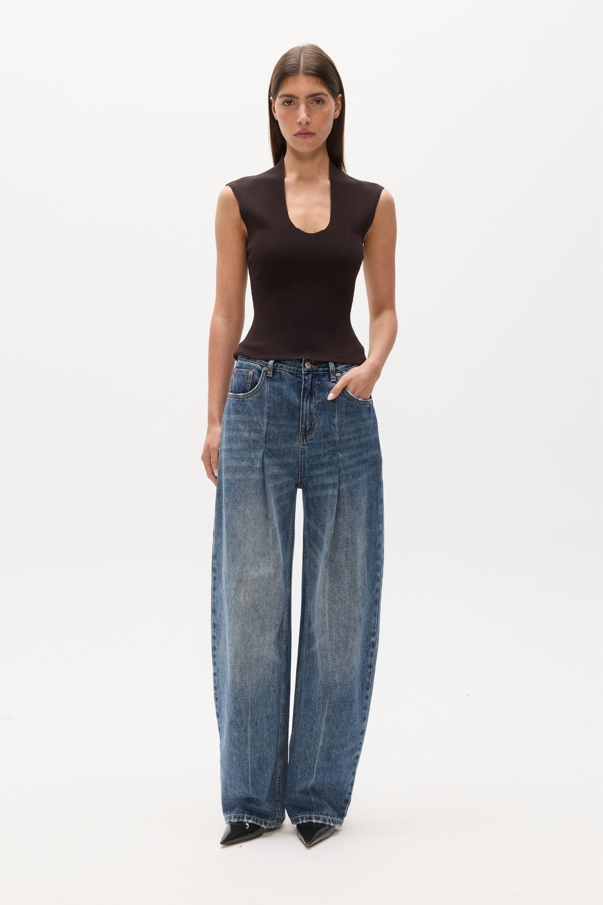 Zelia Standing Collar Scoop Neck Top in Coffee, view 1, Bayse Brand