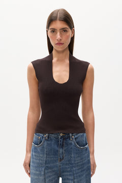 Zelia Standing Collar Scoop Neck Top in Coffee, view 2, Bayse Brand