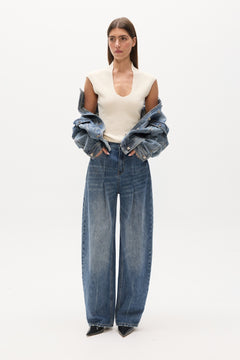 Zelia Standing Collar Scoop Neck Top in Ivory, view 1, Bayse Brand