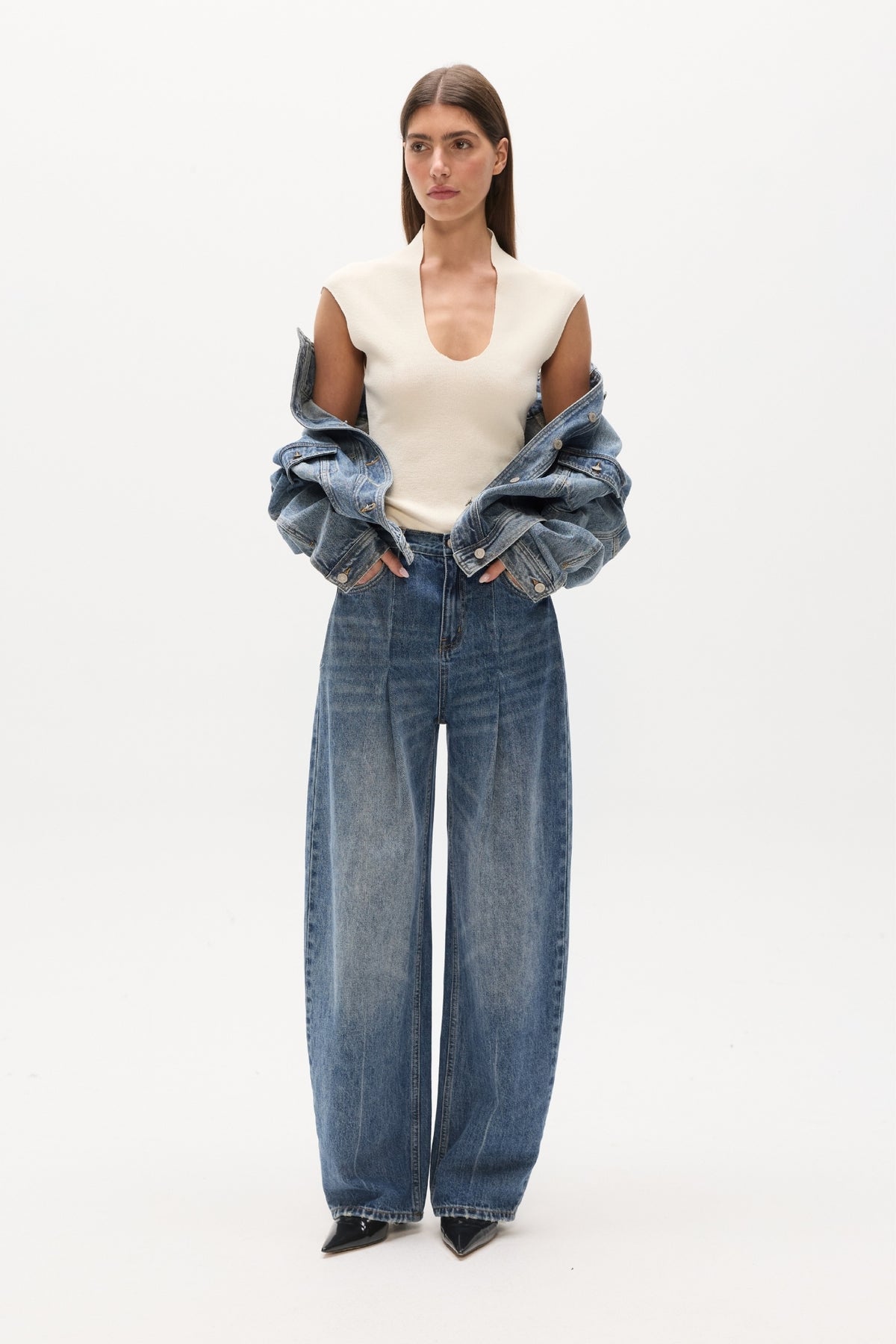 Zelia Standing Collar Scoop Neck Top in Ivory, view 1, Bayse Brand