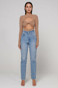 Teo Ribbed Long Sleeve Bodysuit in Latte, view 1, Bayse Brand