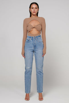 Teo Ribbed Long Sleeve Bodysuit in Latte, view 1, Bayse Brand