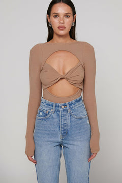 Teo Ribbed Long Sleeve Bodysuit in Latte, view 5, Bayse Brand