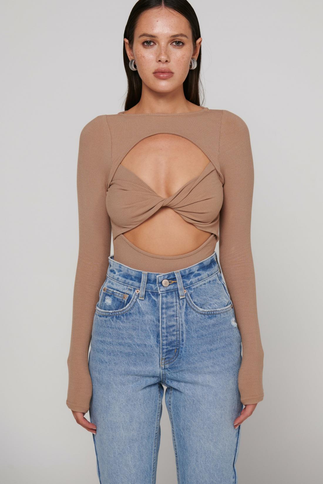 Teo Ribbed Long Sleeve Bodysuit in Latte, view 5, Bayse Brand