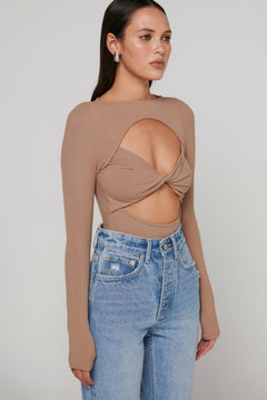 Teo Ribbed Long Sleeve Bodysuit in Latte, view 4, Bayse Brand
