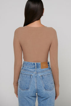 Teo Ribbed Long Sleeve Bodysuit in Latte, view 2, Bayse Brand