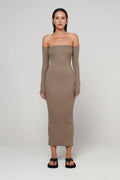 Ayva Strapless Midi Dress in Taupe, view 1, Bayse Brand